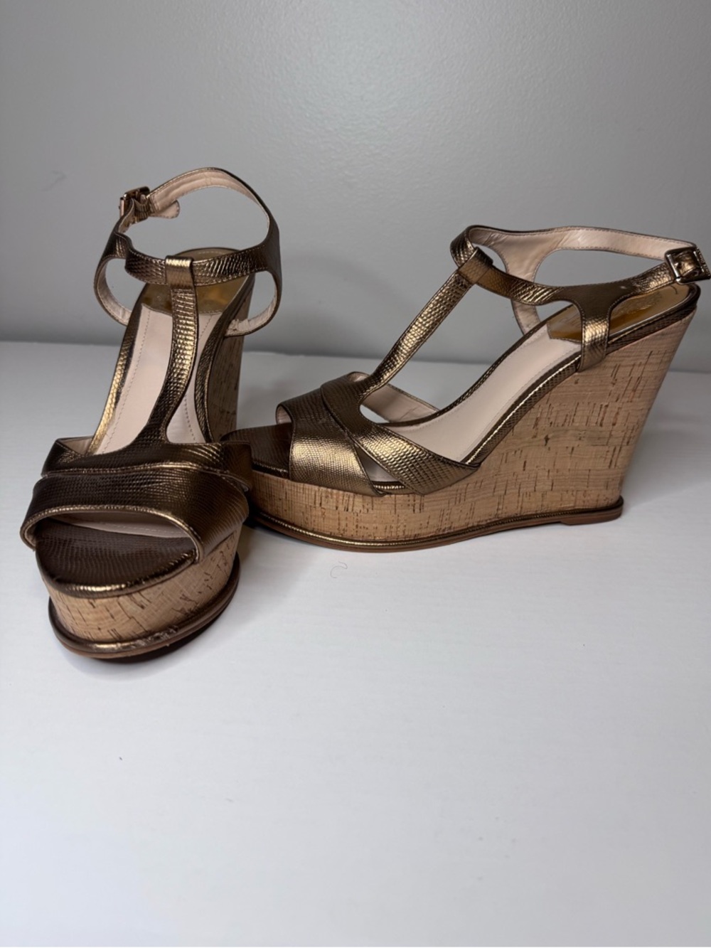 Vince Camuto gold cork wedges